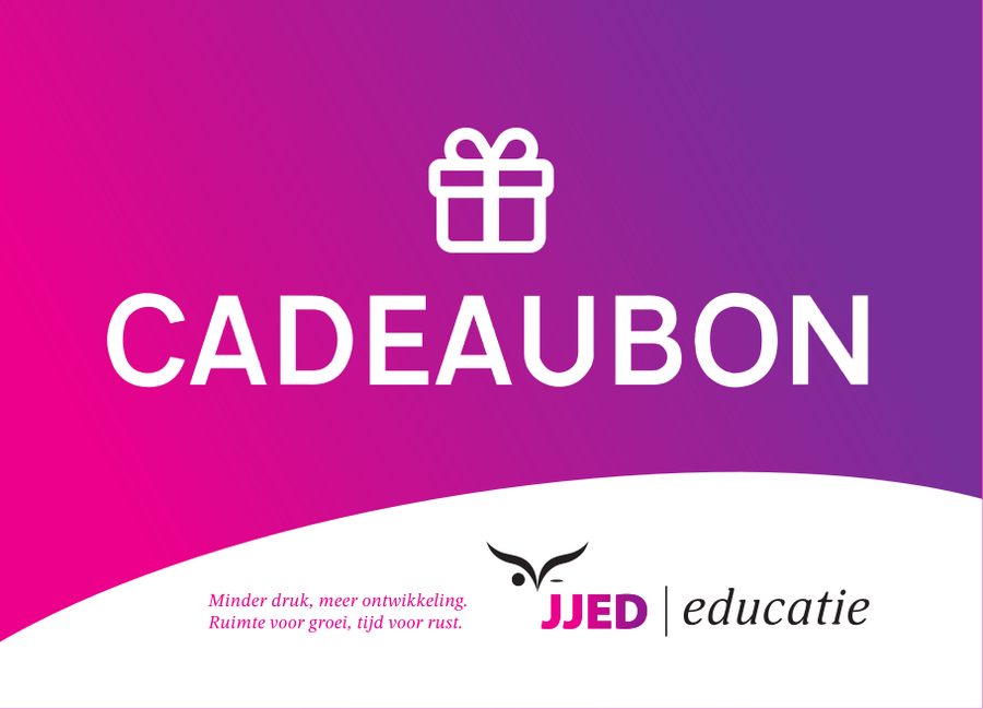 De cadeaubon van JJED-Educatie in magenta en paars.