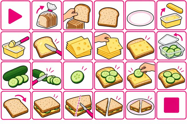 Voorbeeld van de kaarten Programmeer een boterham: plaatjes van brood, boter, kaas en komkommer die samen een boterham vormen.